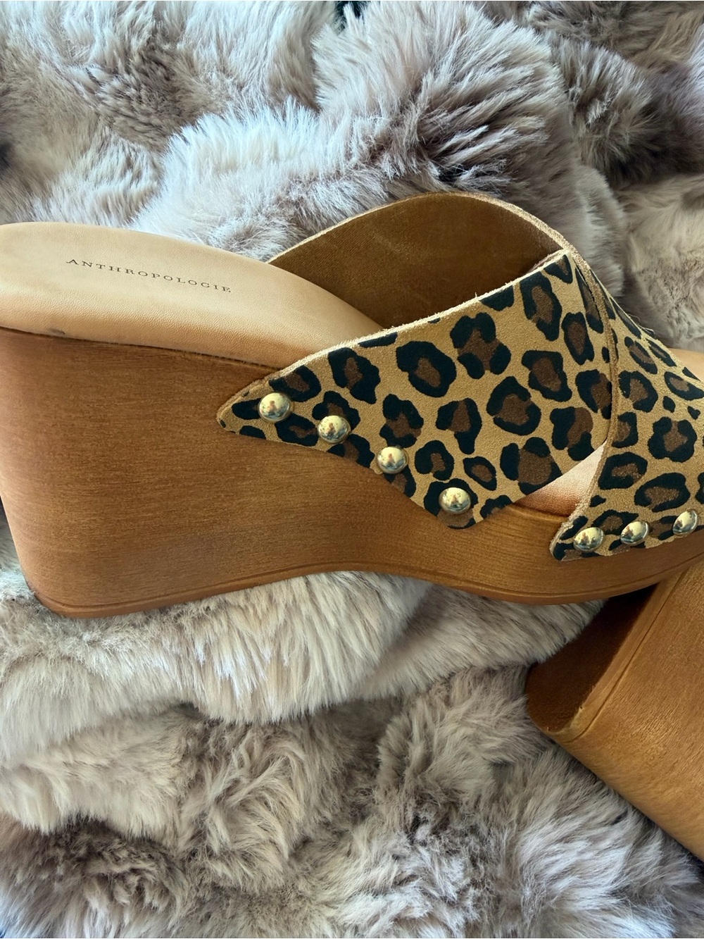 Anthropologie Leopard Print Wood Platform Wedge Sandals - Picture 6 of 7